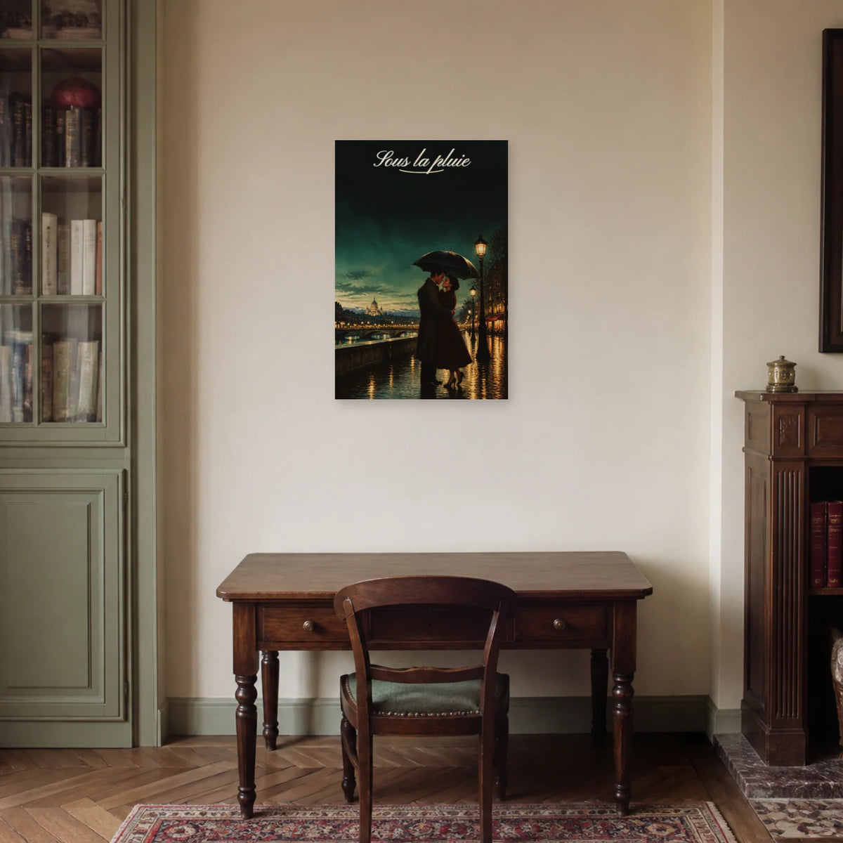 Affiche Sous la pluie - Couple romantique dans un bureau - Art Virtuoso