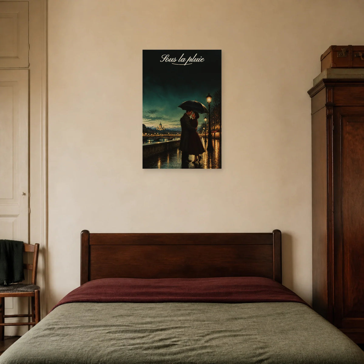 Affiche Sous la pluie - Couple romantique dans une chambre - Art Virtuoso