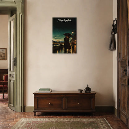 Affiche Sous la pluie - Couple romantique dans une entrée ou un couloir - Art Virtuoso