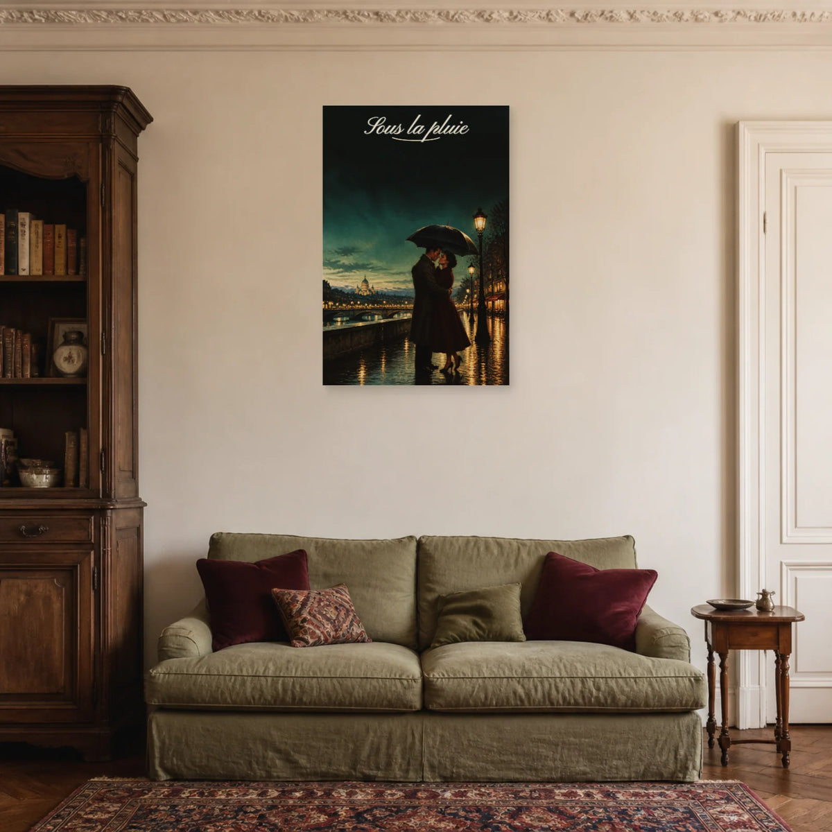 Affiche Sous la pluie - Couple romantique dans un salon - Art Virtuoso