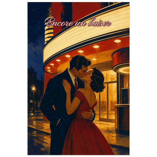 Affiche Encore un baiser - Couple vintage, lithographie romantique inspirée des affiches françaises des années 1950 verticale, format 30 × 45 cm