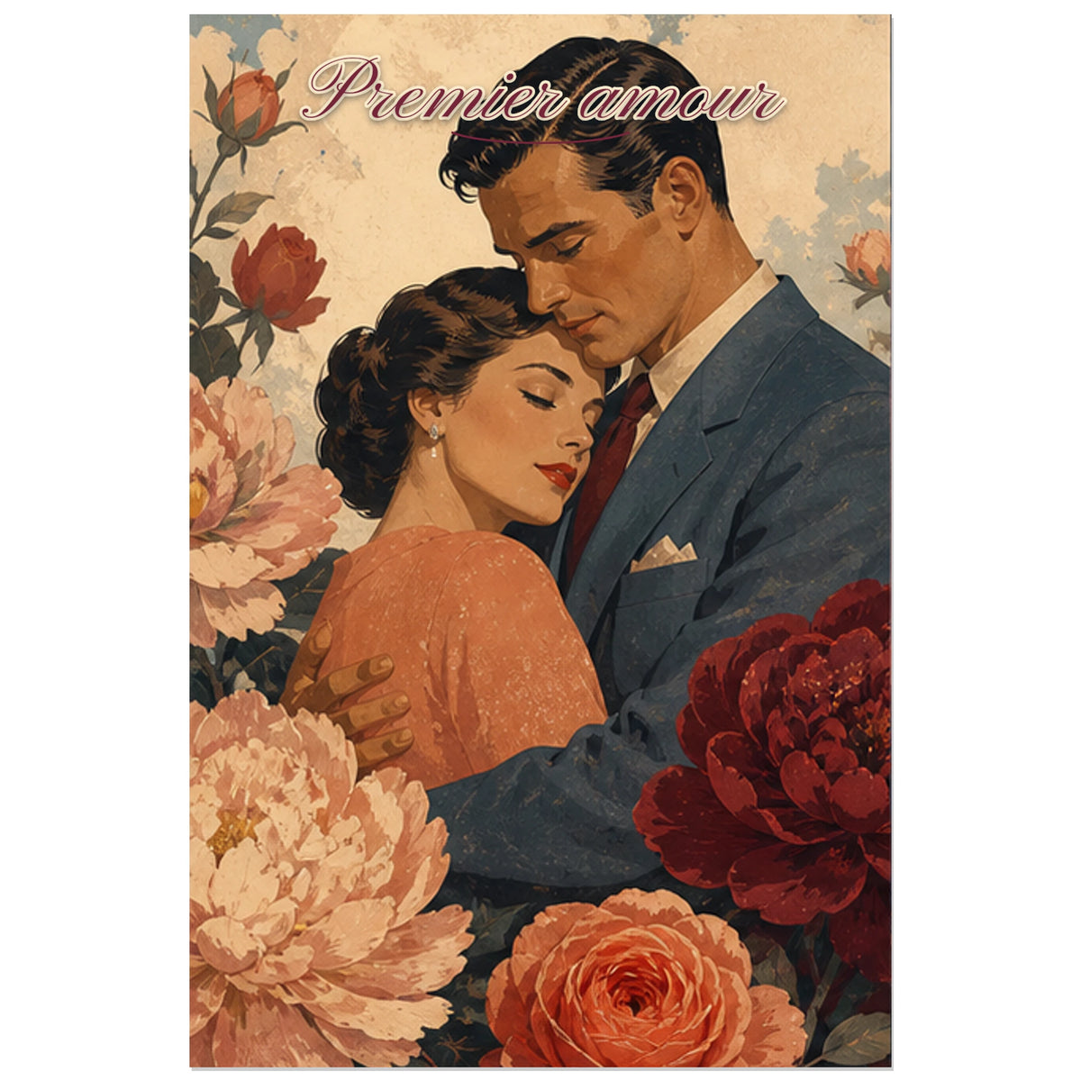 Affiche Premier amour - Couple vintage fleuri, illustration romantique vintage à la gouache éditoriale verticale, format 30 × 45 cm