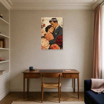 Affiche Premier amour - Couple vintage fleuri dans un bureau - Art Virtuoso