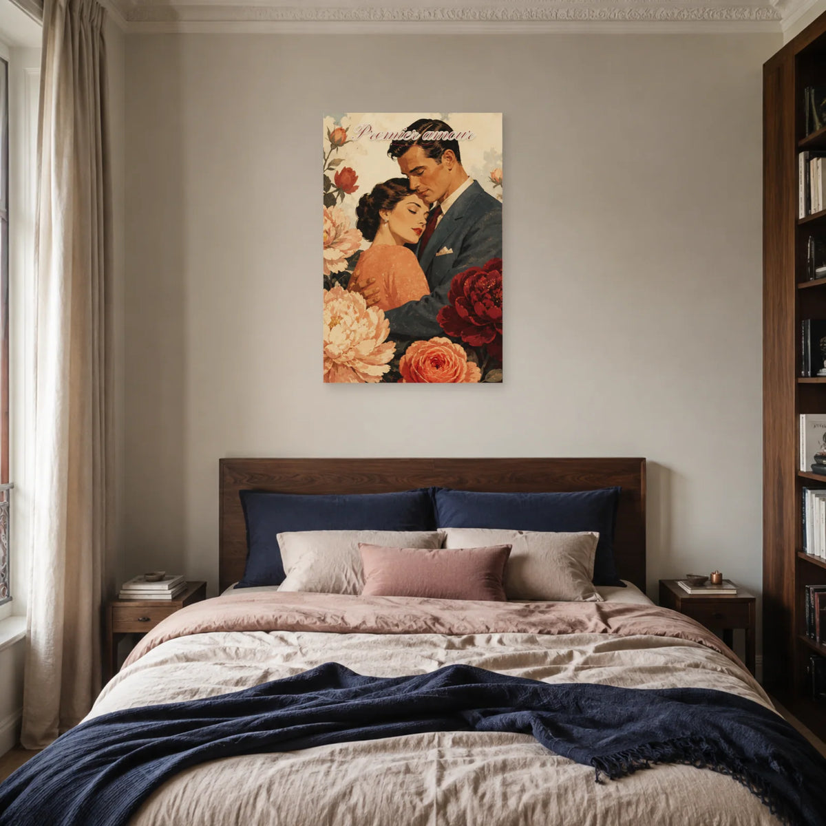 Affiche Premier amour - Couple vintage fleuri dans une chambre - Art Virtuoso