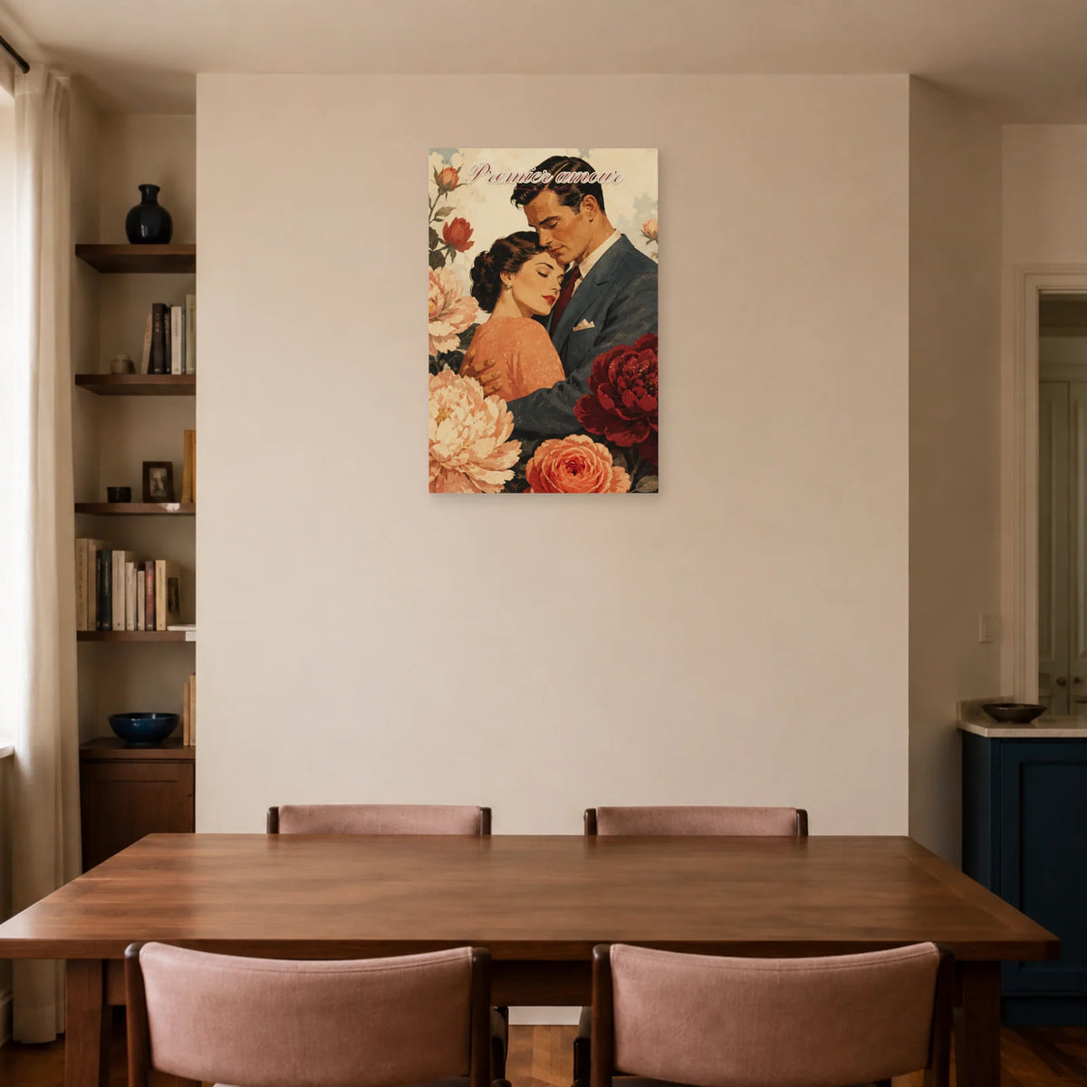 Affiche Premier amour - Couple vintage fleuri dans une salle à manger - Art Virtuoso