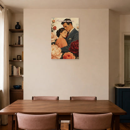 Affiche Premier amour - Couple vintage fleuri dans une salle à manger - Art Virtuoso