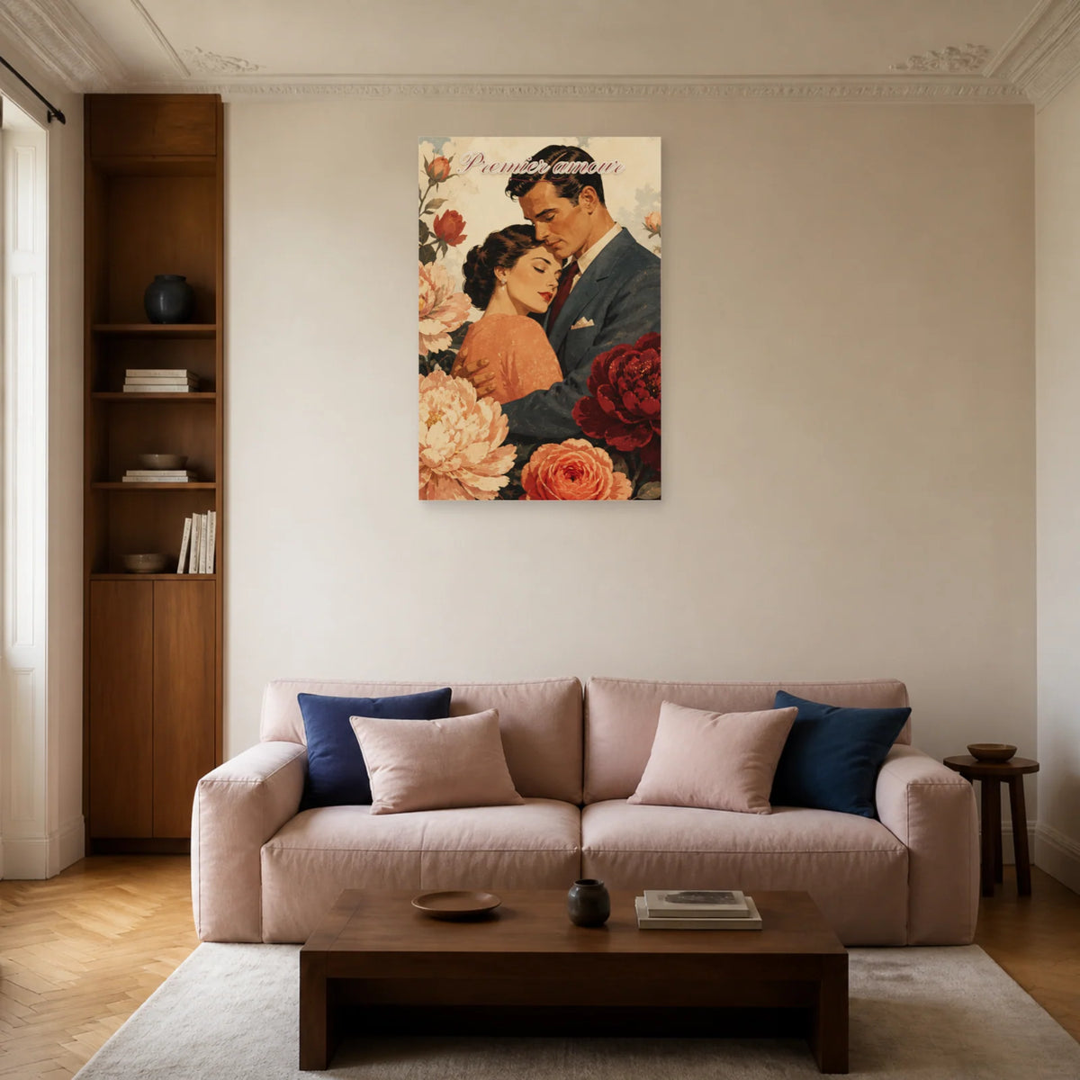 Affiche Premier amour - Couple vintage fleuri dans un salon - Art Virtuoso