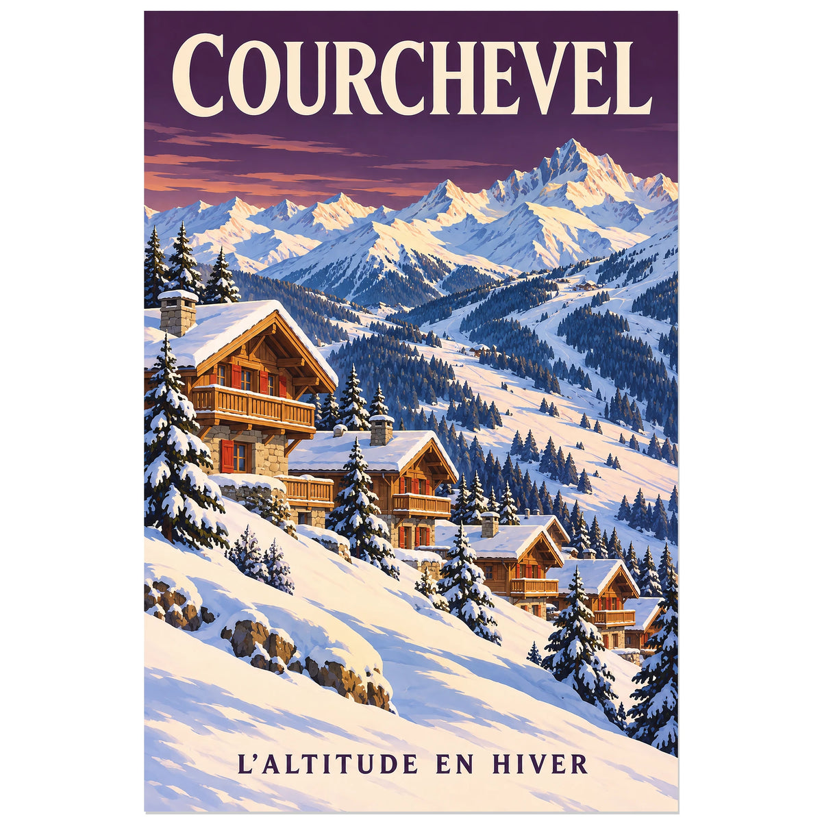 Affiche Courchevel – Chalets d’altitude, illustration peinte / affiche touristique néo-vintage verticale, format 30 × 45 cm