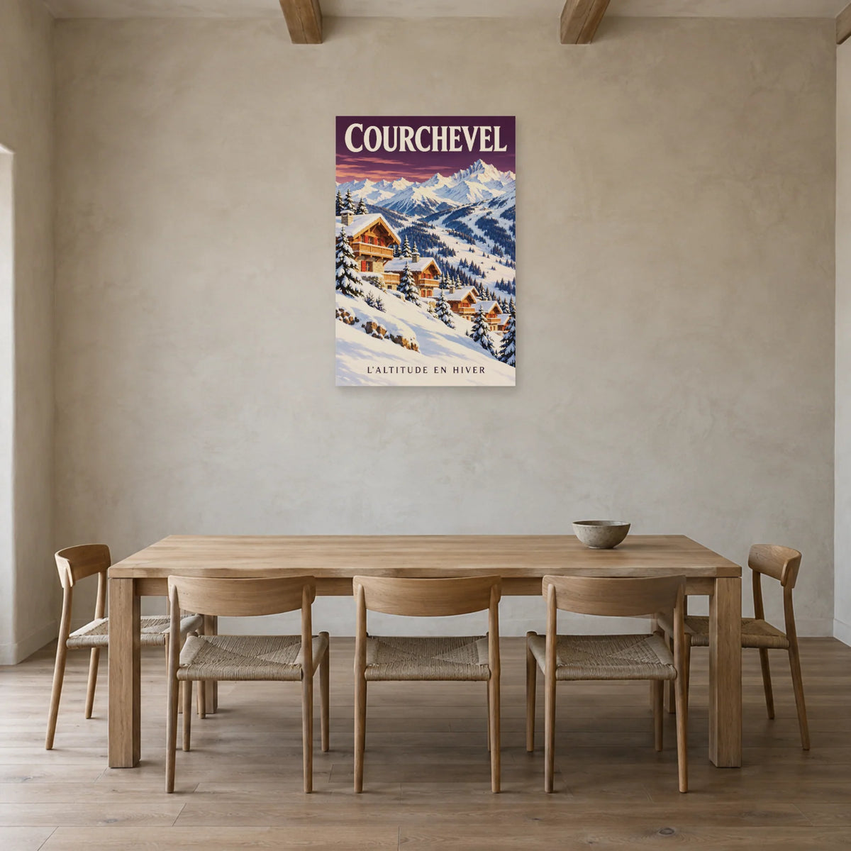 Affiche Courchevel - Chalets d'altitude dans une salle à manger - Art Virtuoso