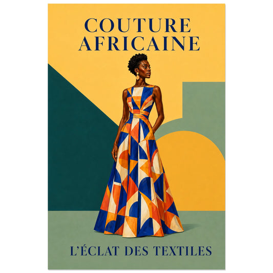 Affiche Couture africaine, éclat des textiles, illustration de mode contemporaine, aplats géométriques verticale, format 30 × 45 cm