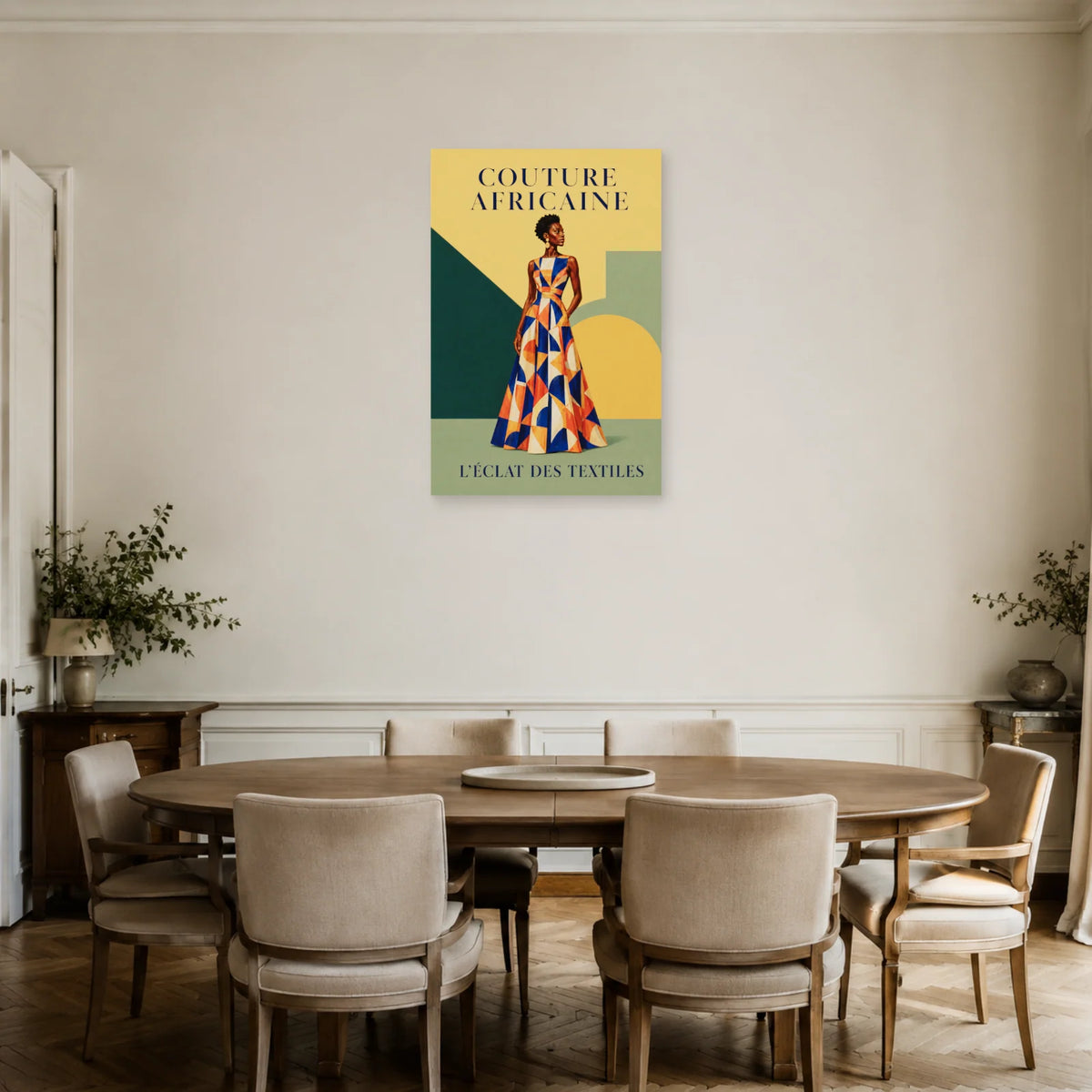 Affiche Couture africaine, éclat des textiles dans une salle à manger - Art Virtuoso