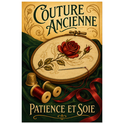 Affiche Couture ancienne, patience et soie, nature morte de broderie, inspiration art nouveau verticale, format 60 × 90 cm