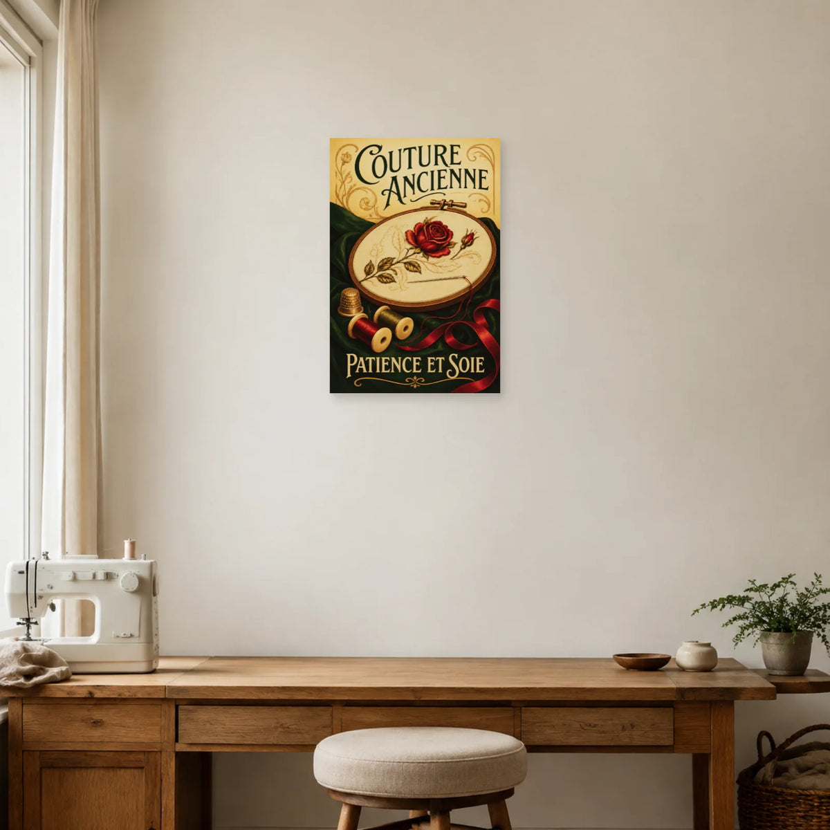 Affiche Couture ancienne, patience et soie dans un bureau - Art Virtuoso