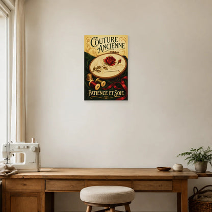 Affiche Couture ancienne, patience et soie dans un bureau - Art Virtuoso