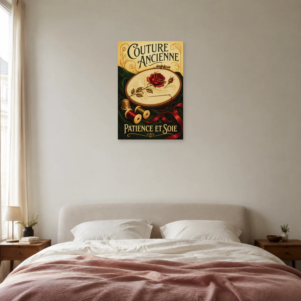 Affiche Couture ancienne, patience et soie dans une chambre - Art Virtuoso