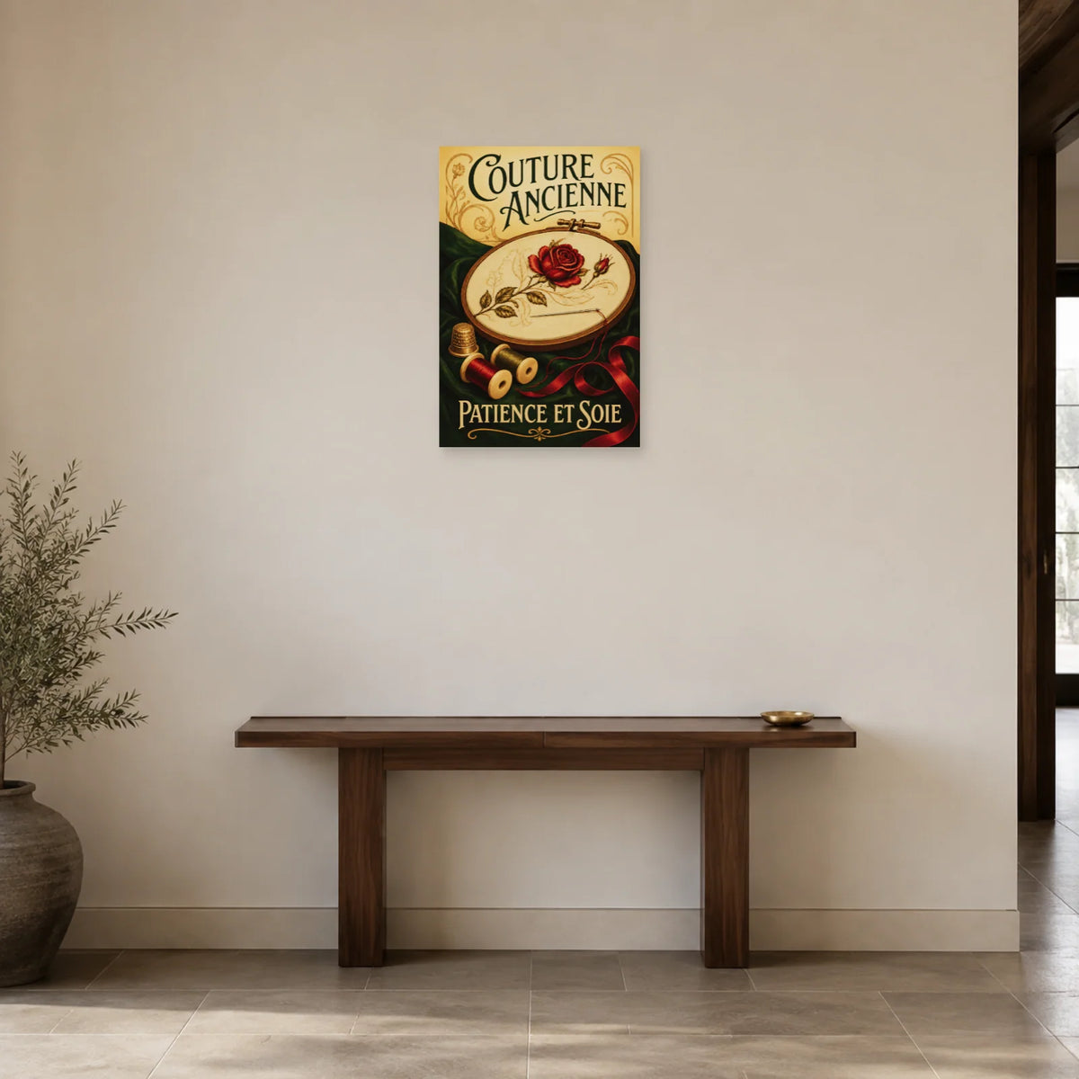 Affiche Couture ancienne, patience et soie dans une entrée ou un couloir - Art Virtuoso