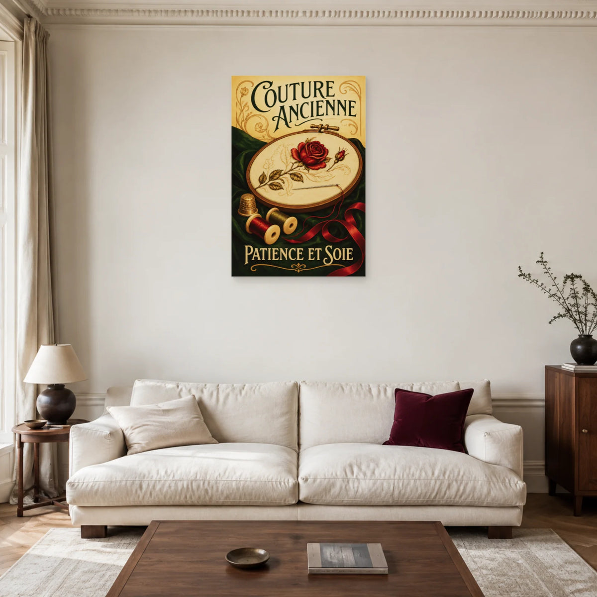 Affiche Couture ancienne, patience et soie dans un salon - Art Virtuoso
