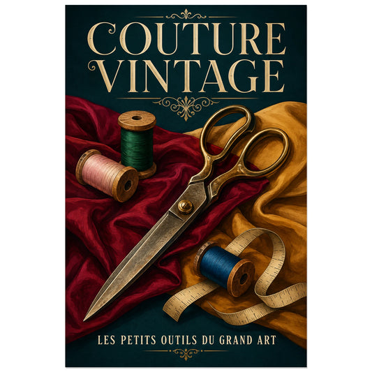 Affiche Couture vintage, ciseaux et bobines, nature morte de mercerie, gouache vintage verticale, format 30 × 45 cm