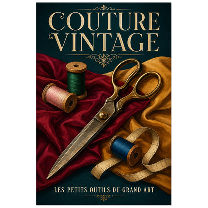 Affiche Couture vintage, ciseaux et bobines, nature morte de mercerie, gouache vintage verticale, format 40 × 60 cm