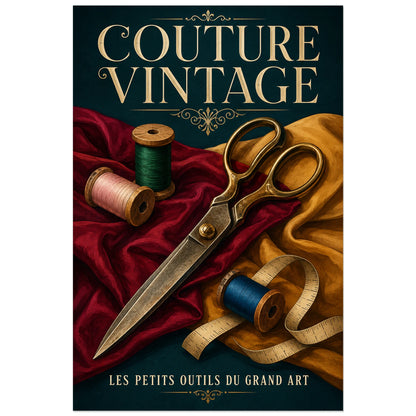 Affiche Couture vintage, ciseaux et bobines, nature morte de mercerie, gouache vintage verticale, format 60 × 90 cm