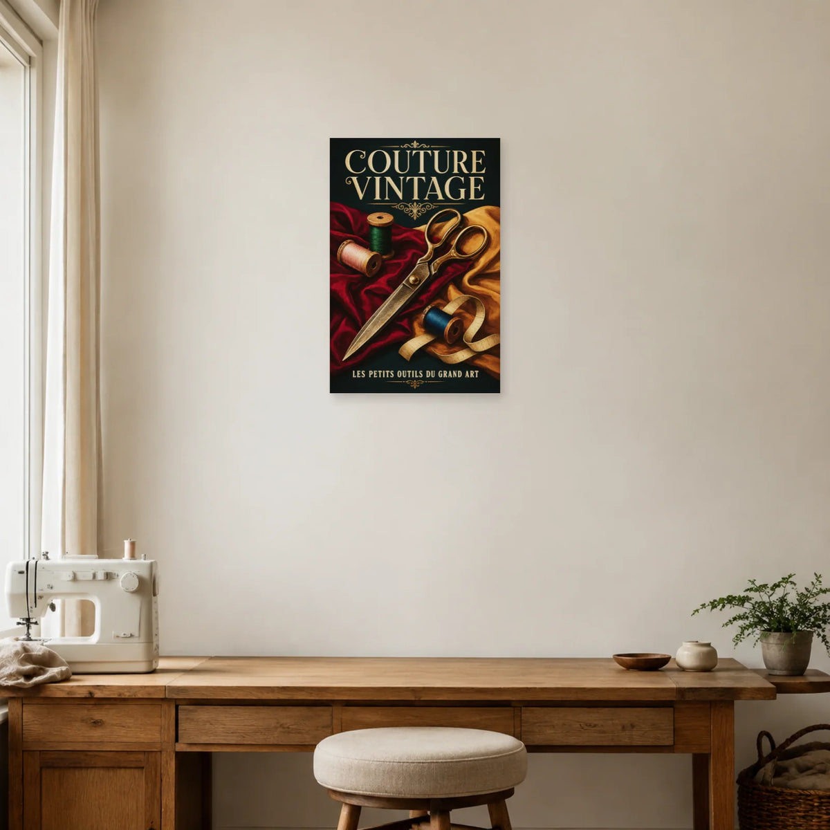 Affiche Couture vintage, ciseaux et bobines dans un bureau - Art Virtuoso