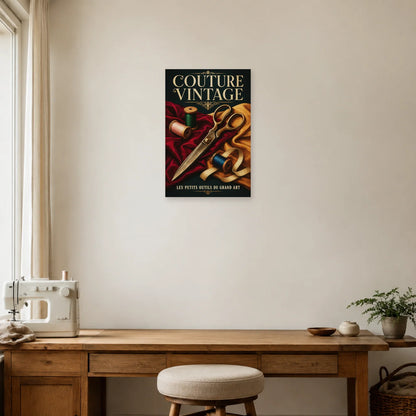 Affiche Couture vintage, ciseaux et bobines dans un bureau - Art Virtuoso