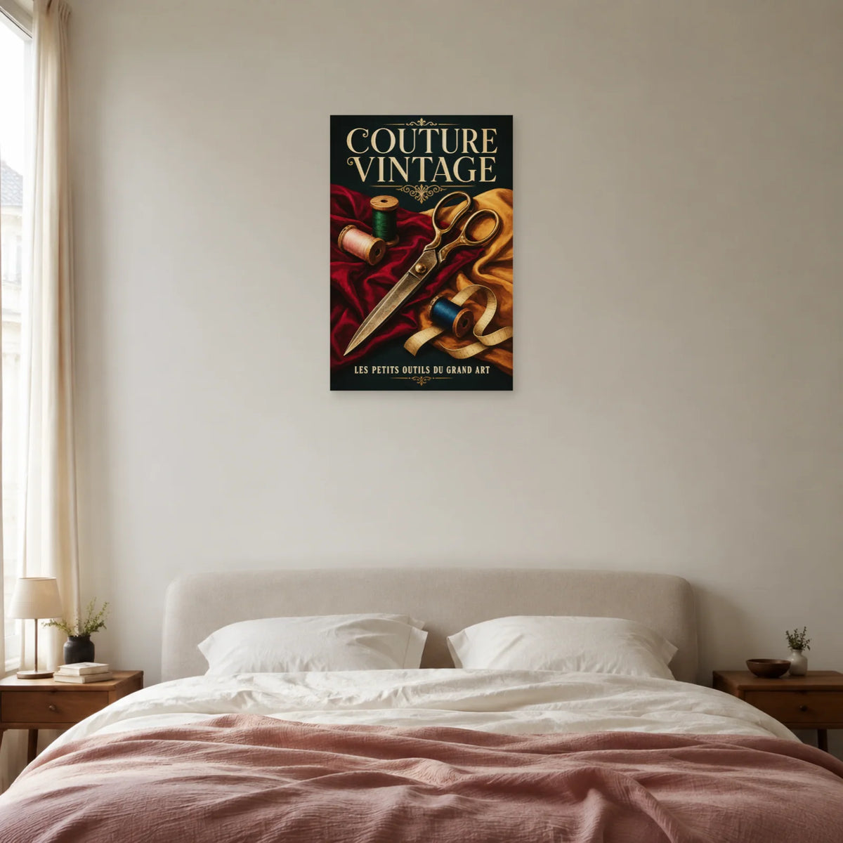 Affiche Couture vintage, ciseaux et bobines dans une chambre - Art Virtuoso