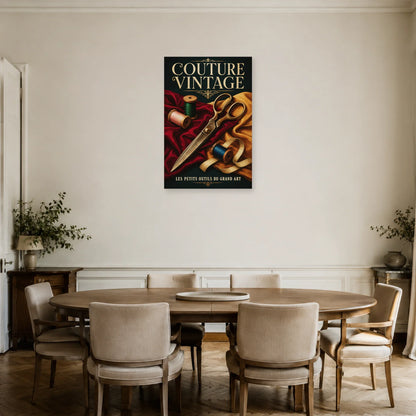 Affiche Couture vintage, ciseaux et bobines dans une salle à manger - Art Virtuoso