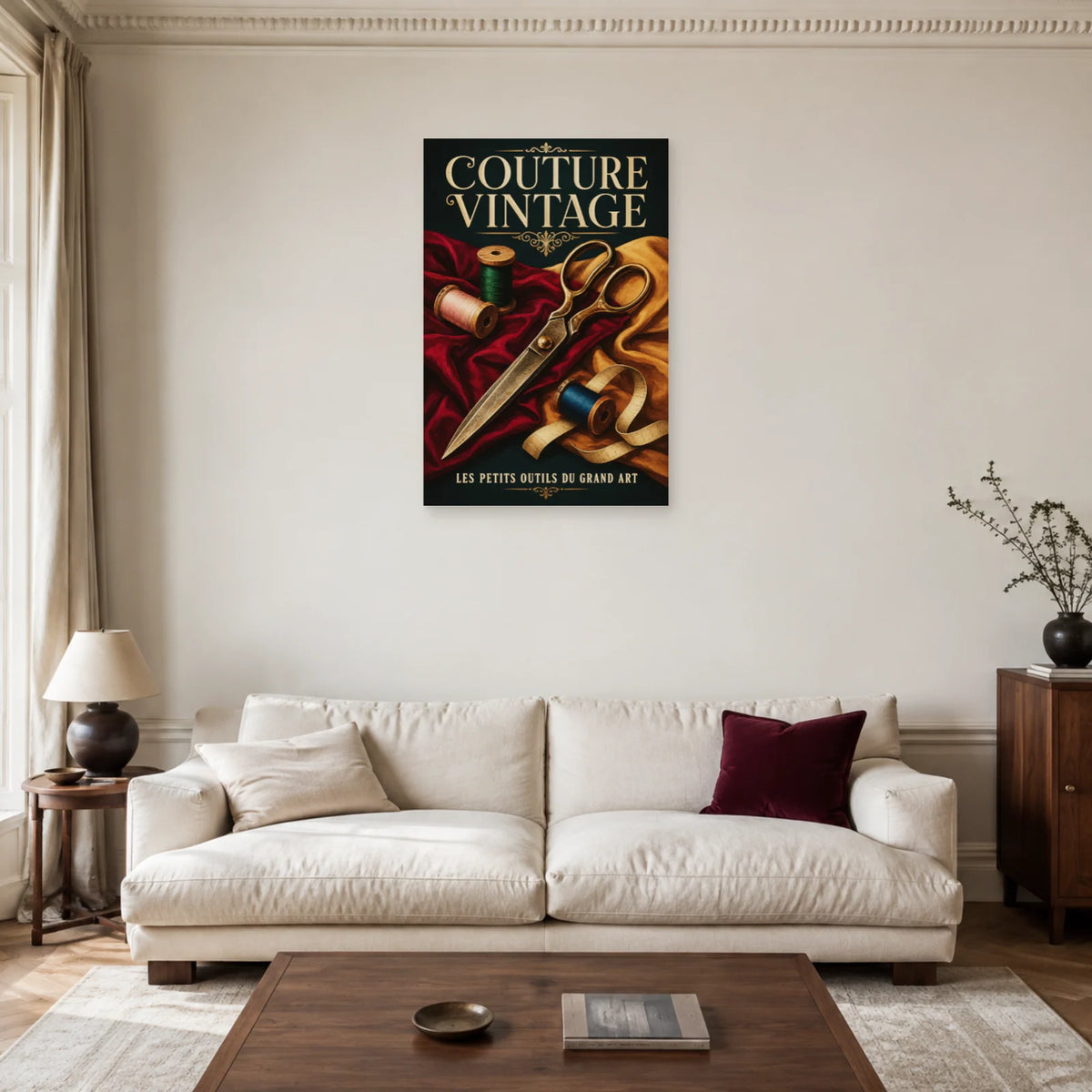 Affiche Couture vintage, ciseaux et bobines dans un salon - Art Virtuoso