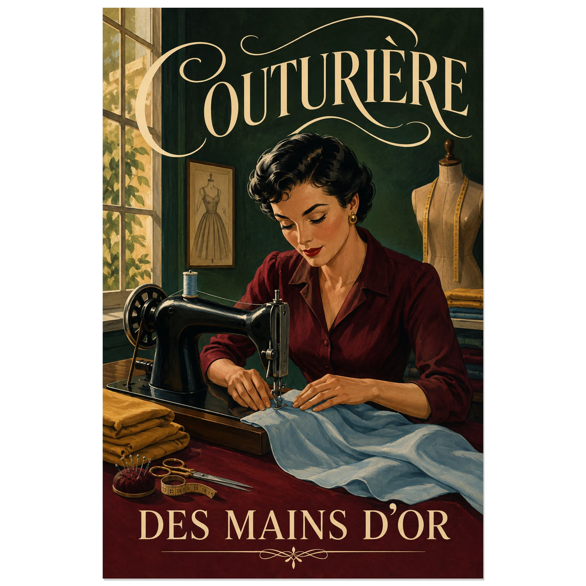 Affiche Couturière, des mains d'or, illustration narrative d'atelier, peinture rétro verticale, format 30 × 45 cm