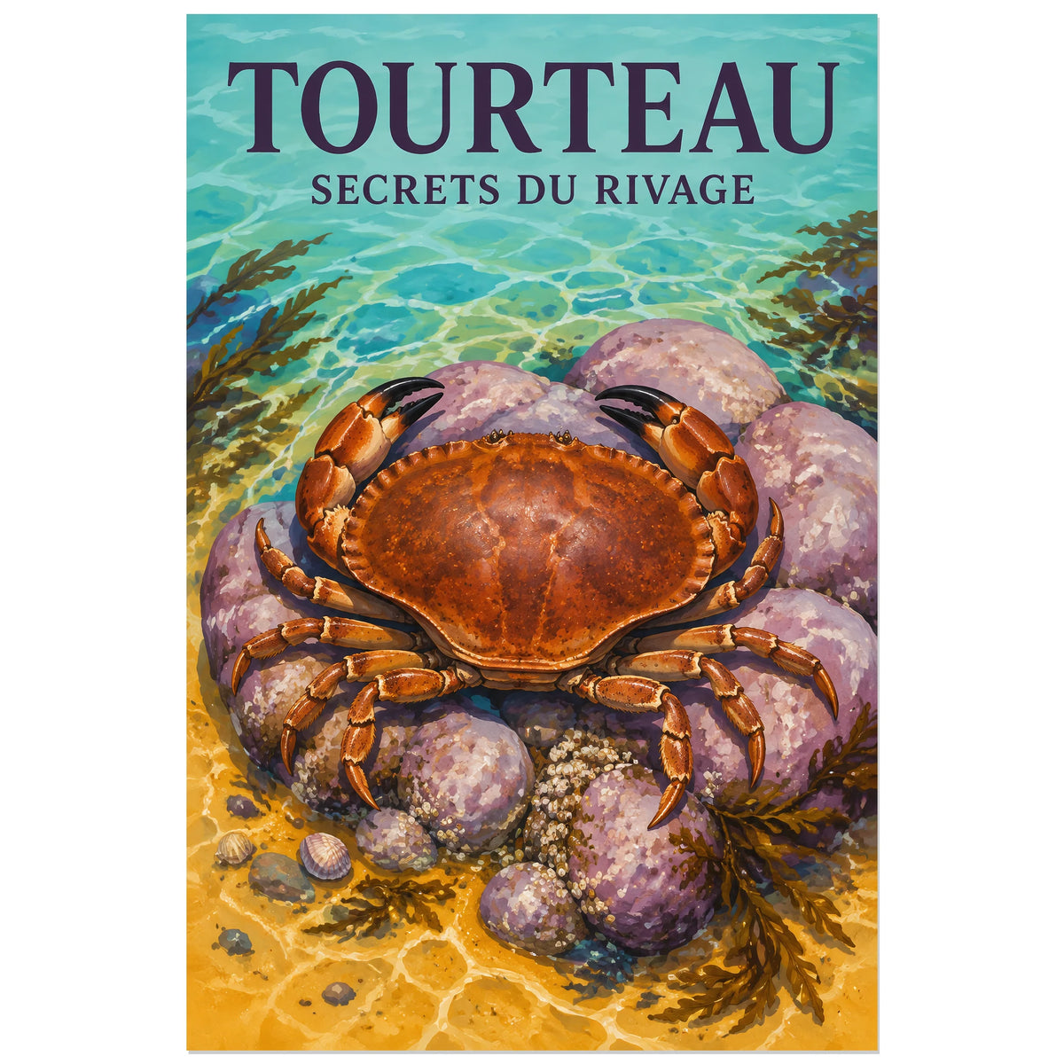 Affiche Tourteau – Secrets du rivage, gouache naturaliste / affiche vintage verticale, format 40 × 60 cm