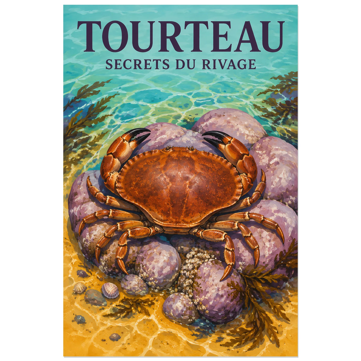 Affiche Tourteau – Secrets du rivage, gouache naturaliste / affiche vintage verticale, format 60 × 90 cm