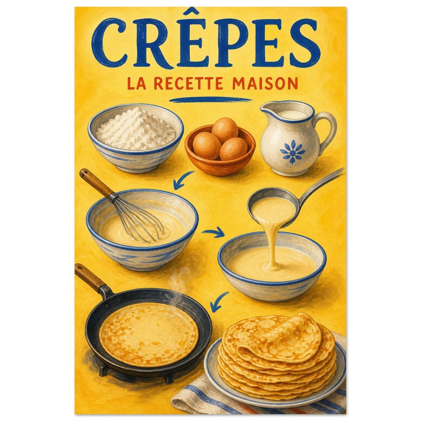 Affiche Crêpes – La Recette Maison, gouache contemporaine verticale, format 30 × 45 cm