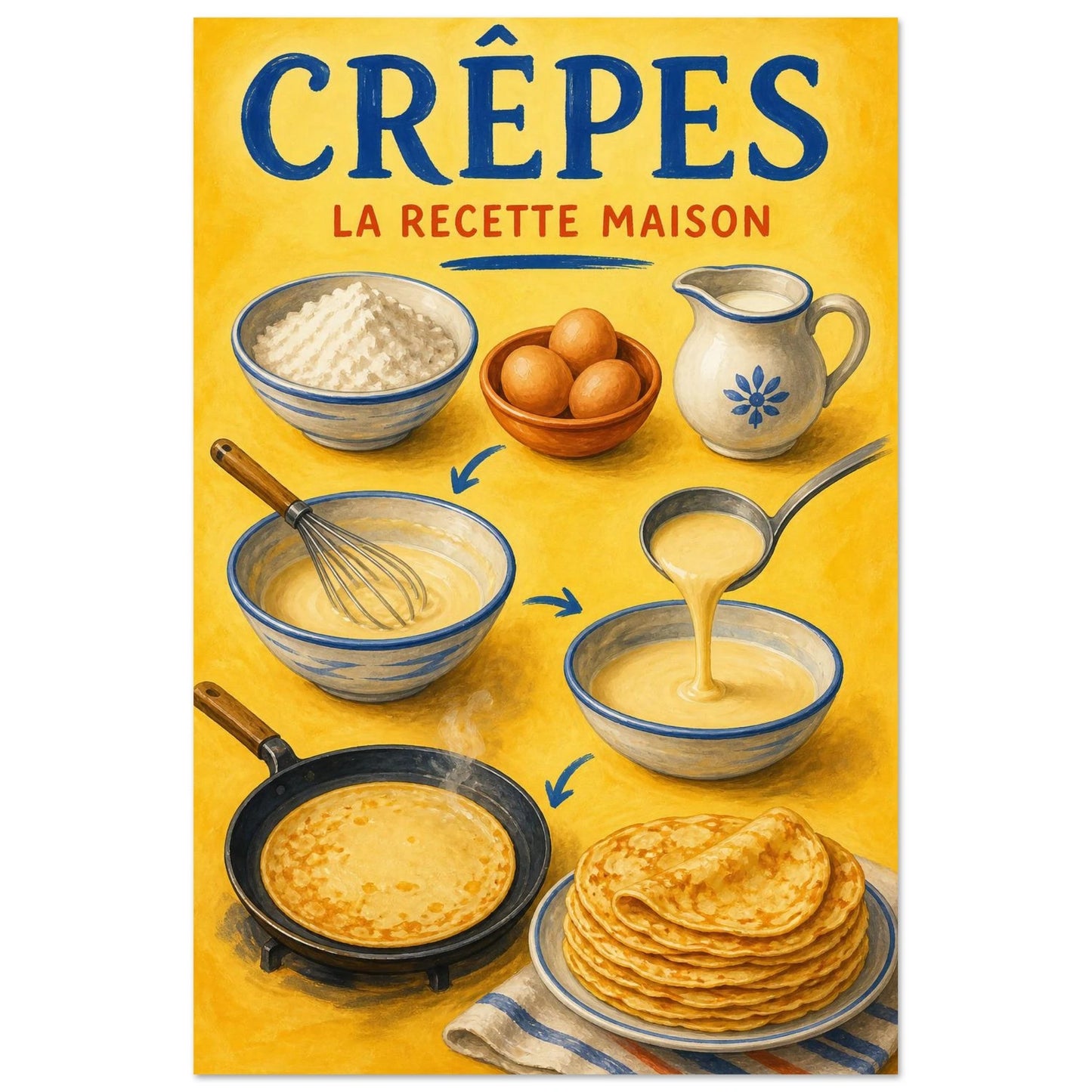 Affiche Crêpes – La Recette Maison, gouache contemporaine verticale, format 60 × 90 cm
