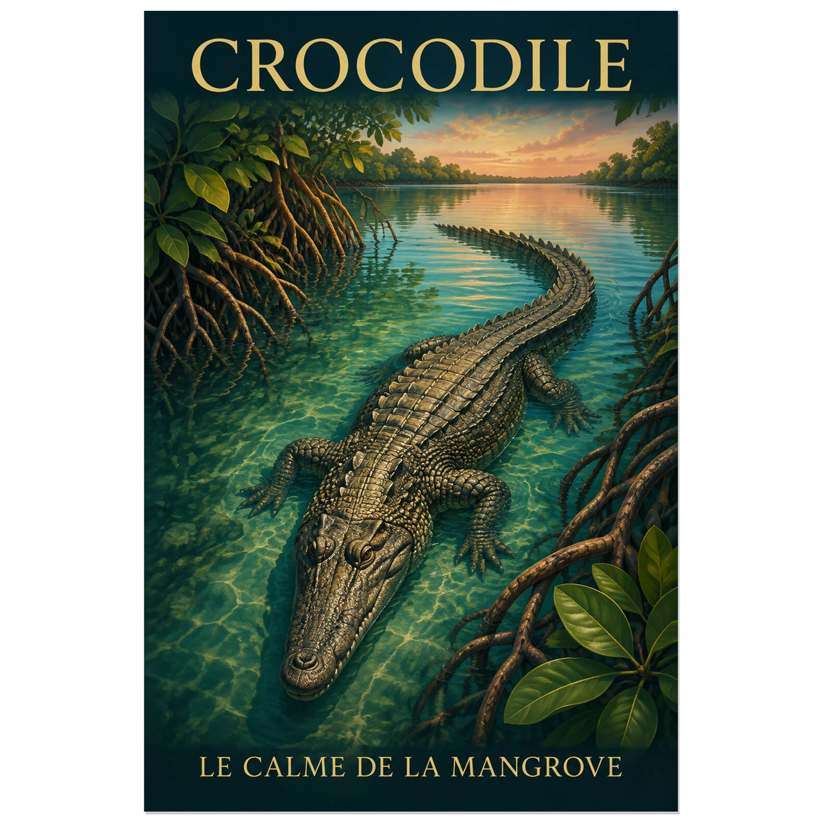 Affiche Crocodile, le calme de la mangrove, illustration naturaliste peinte à typographie intégrée verticale, format 30 × 45 cm