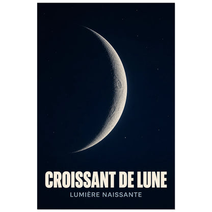 Affiche Croissant de lune – Lumière naissante, illustration astronomique réaliste et minimaliste verticale, format 30 × 45 cm