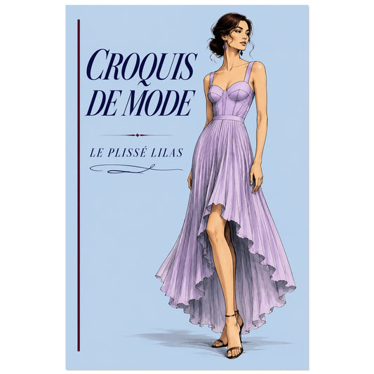 Affiche Croquis de mode, le plissé lilas, croquis de mode illustré, plissé et composition éditoriale verticale, format 30 × 45 cm