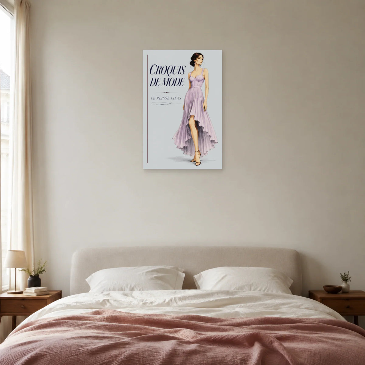 Affiche Croquis de mode, le plissé lilas dans une chambre - Art Virtuoso