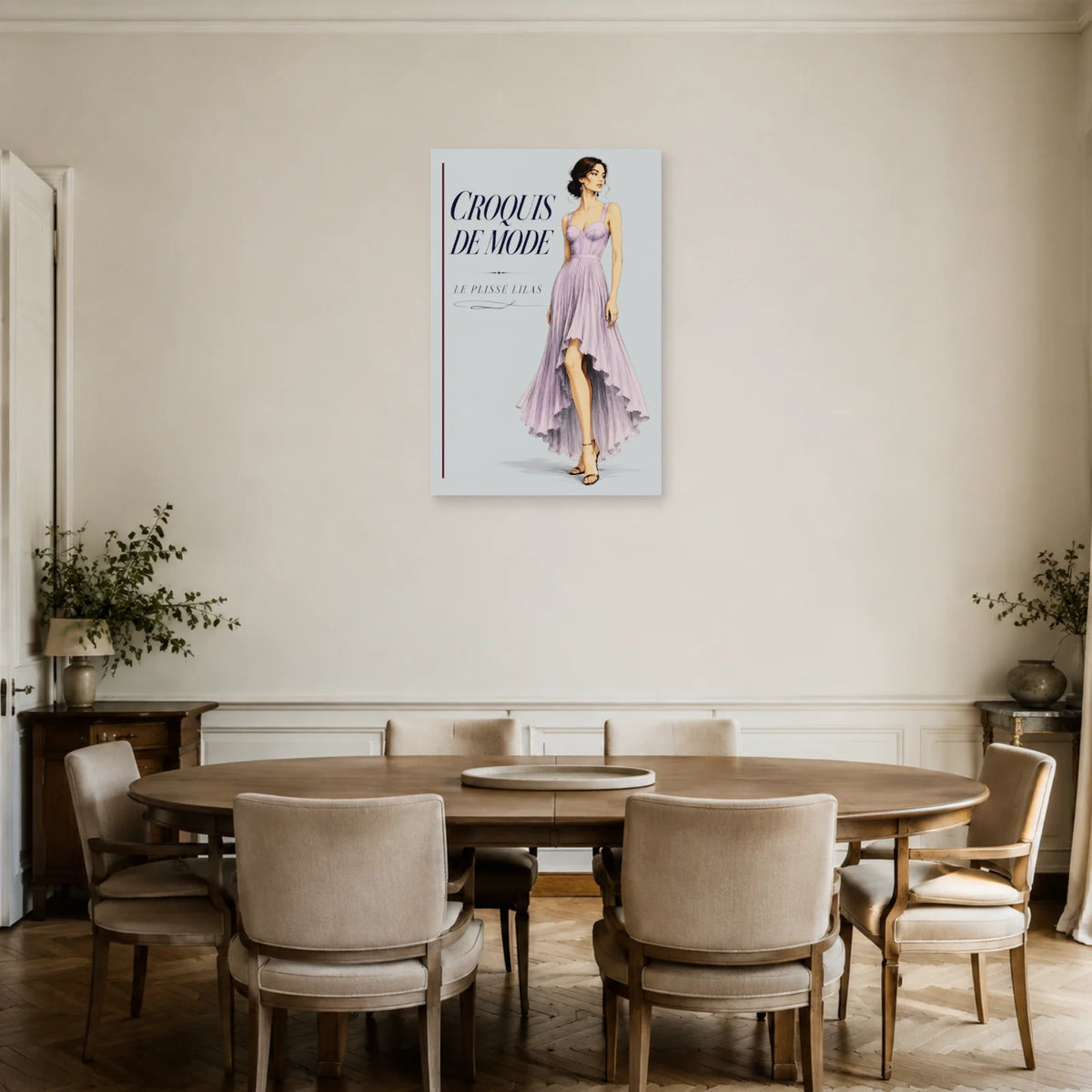 Affiche Croquis de mode, le plissé lilas dans une salle à manger - Art Virtuoso