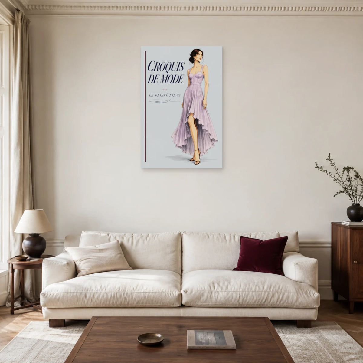 Affiche Croquis de mode, le plissé lilas dans un salon - Art Virtuoso