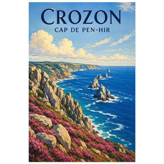 Cap de Pen-Hir, fleurs roses et falaise illustrées, affiche 30 × 45 cm