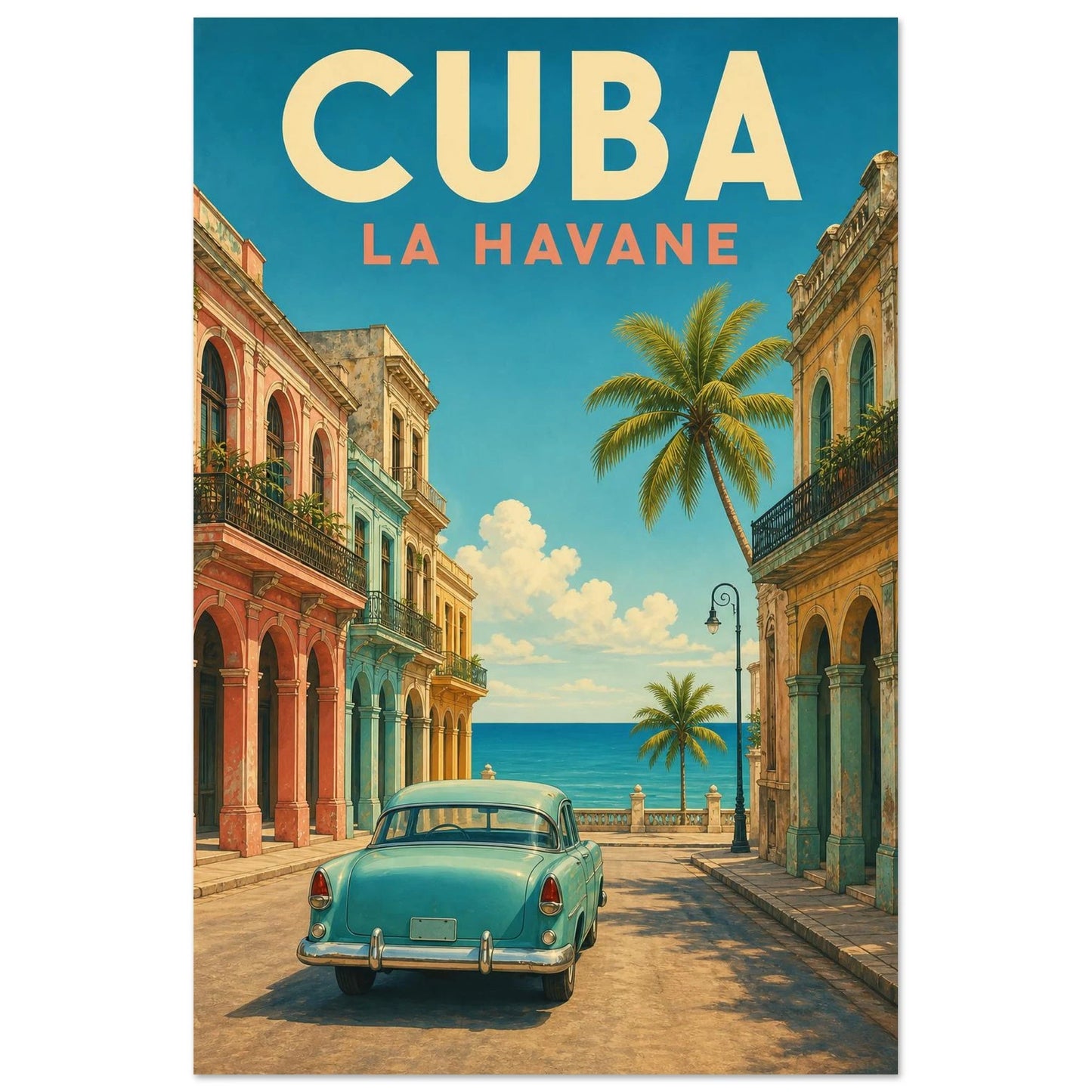 Affiche Cuba – La Havane, illustration de voyage néo-rétro aux aplats texturés et à la lumière caribéenne verticale, format 40 × 60 cm