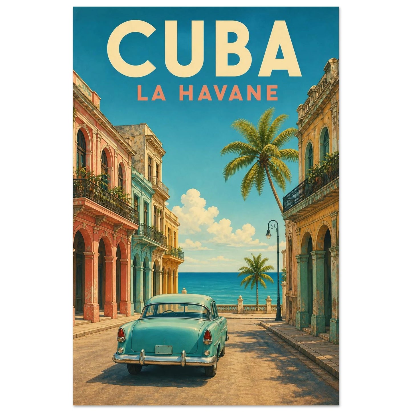 Affiche Cuba – La Havane, illustration de voyage néo-rétro aux aplats texturés et à la lumière caribéenne verticale, format 60 × 90 cm