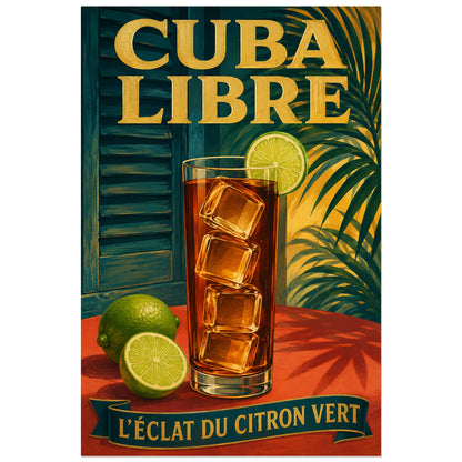 Affiche Cuba libre, l’éclat du citron vert, illustration de cocktail rétro aux glaçons simplifiés et aux ombres peintes verticale, format 40 × 60 cm