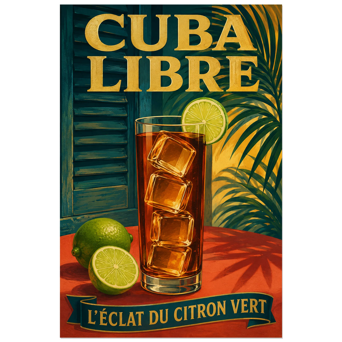 Affiche Cuba libre, l’éclat du citron vert, illustration de cocktail rétro aux glaçons simplifiés et aux ombres peintes verticale, format 60 × 90 cm