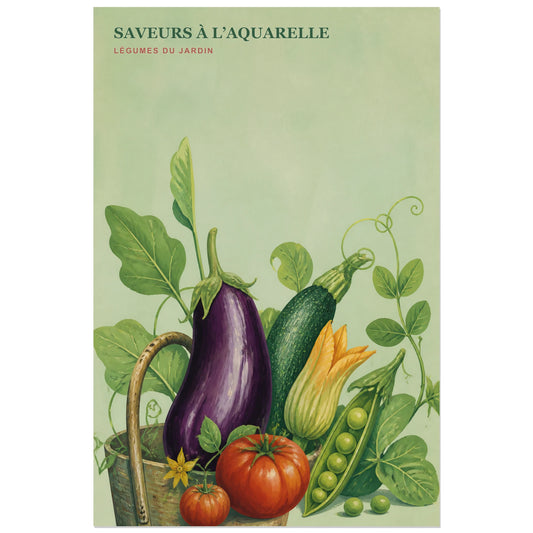 Affiche Saveurs à l’Aquarelle – Légumes du Jardin, aquarelle botanique contrôlée et gouache culinaire verticale, format 30 × 45 cm