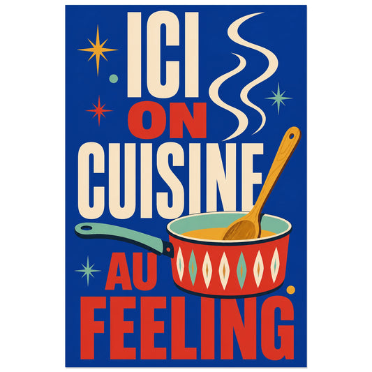 Affiche Ici on cuisine au feeling, affiche typographique mid-century à ustensiles graphiques verticale, format 30 × 45 cm