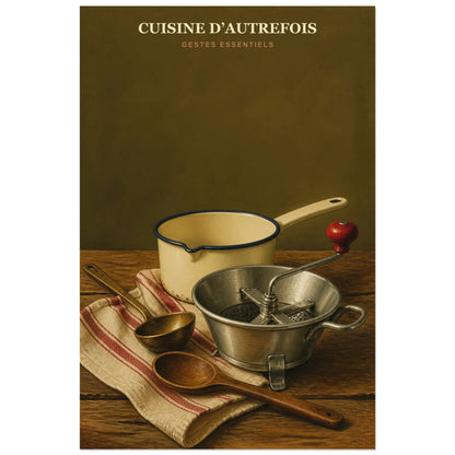 Affiche Cuisine d’Autrefois – Gestes Essentiels, nature morte culinaire patrimoniale à la gouache verticale, format 60 × 90 cm