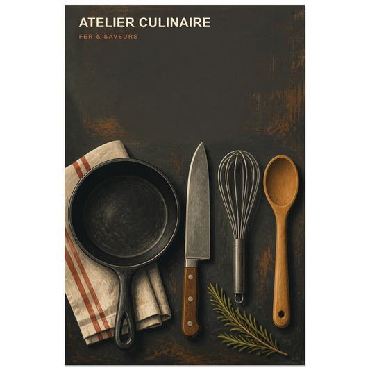 Affiche Atelier Culinaire – Fer & Saveurs, illustration industrielle vintage aux matières mates verticale, format 30 × 45 cm