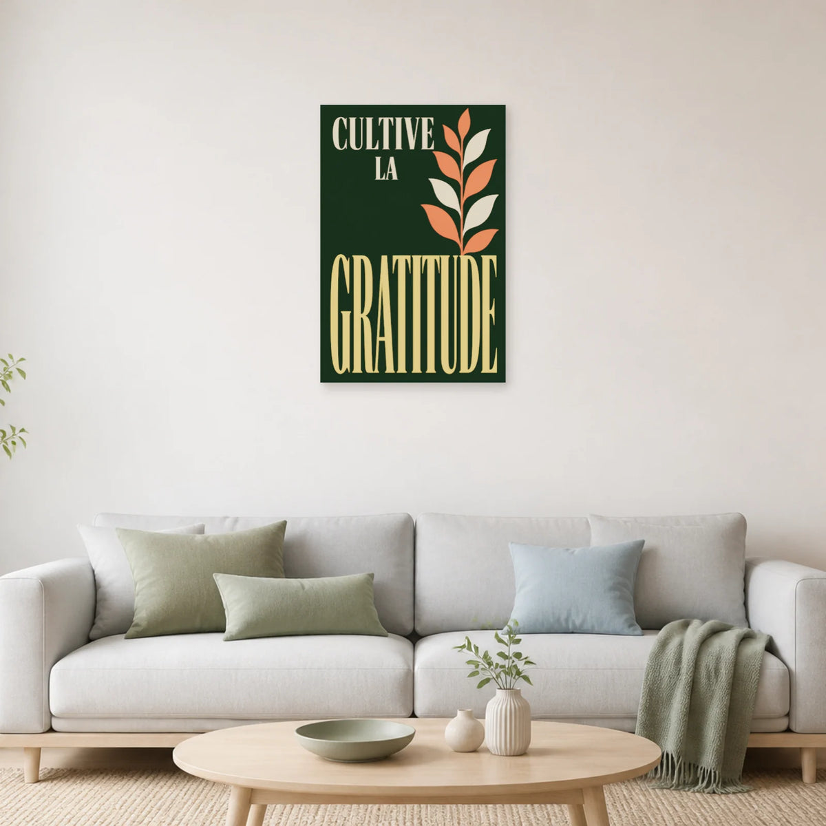 Affiche Cultive la gratitude – Feuillage moderne dans un salon - Art Virtuoso